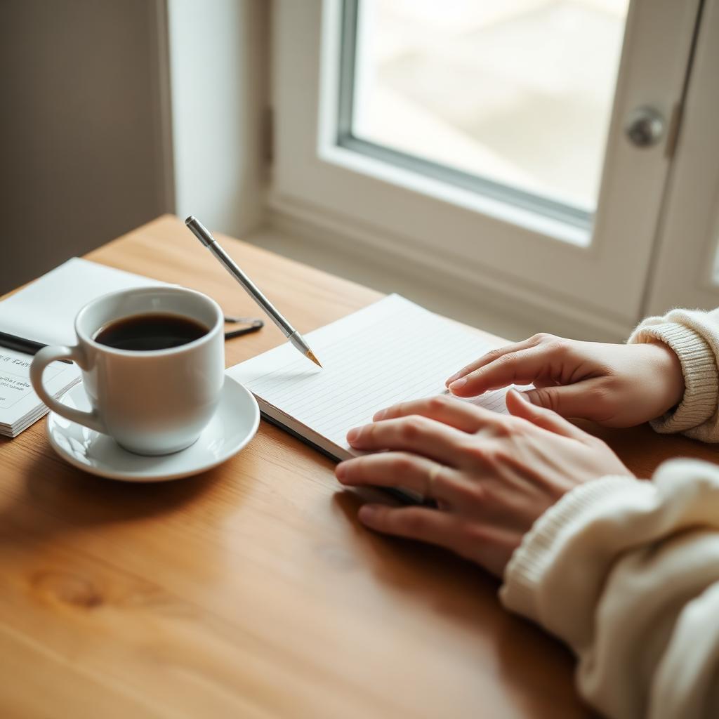 Handen bij een notitieboek en koffiekop